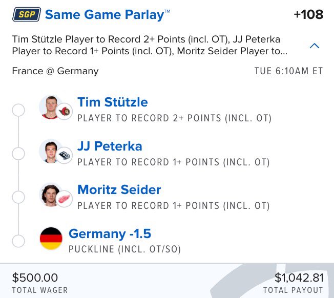 These lines are JUICED 😭🔥

But I genuinely can’t see this missing…

💰 $500 ➡️ $1,042.81

🇩🇪 Tim Stützle 2+ points
🚨 JJ Peterka 1+ point
🛡️ Moritz Seider 1+ point
🇩🇪 Germany -1.5

Tell me where it fails. 👀🏒