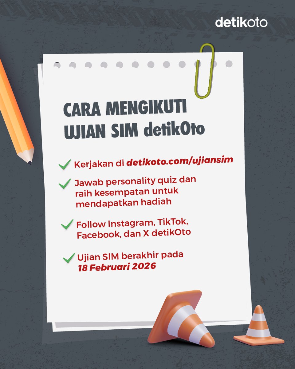 detikoto's tweet image. Merasa jago berkendara dan sudah punya SIM?
Kalau iya, saatnya buktikan kemampuanmu untuk mengikuti Ujian SIM di detikOto.

Bukan cuma uji pengetahuan, tapi juga kesempatan membawa pulang hadiah menarik.

Cek selengkapnya di detikoto.com/ujiansim

#detikcom #detikoto #UjianSIM