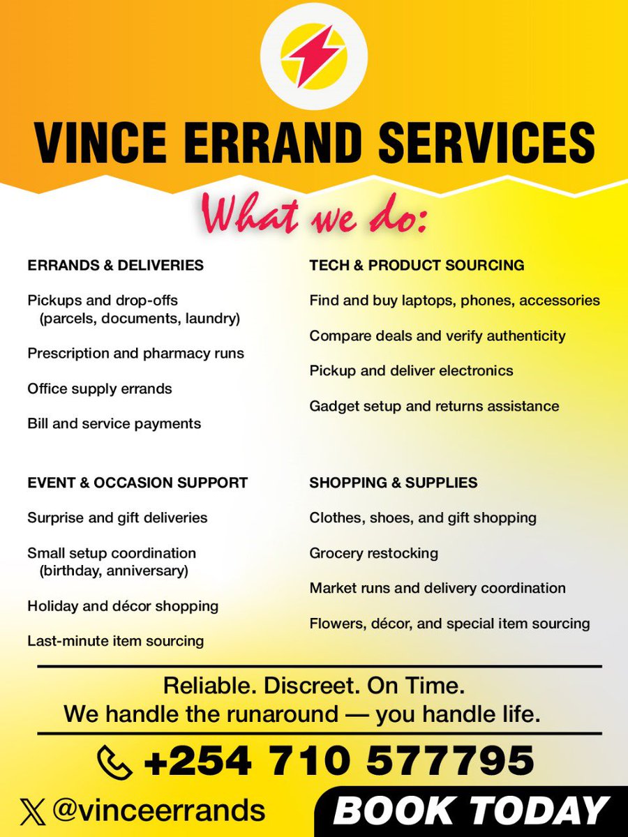 crazy_kenyan__'s tweet image. Busy day? Tight schedule? Say less. 🚀
We run the errands, you run the world. From parcels to pharmacy, tech sourcing to surprise deliveries — we’ve got you covered.
📞 +254 710 577795
#VinceErrands #DeliveryService #nairobiurbandevelopment
