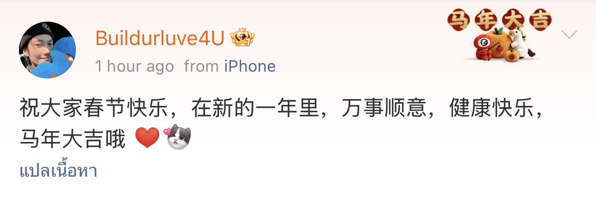 Weibo update  [17022026] 祝大家春节快乐，在新的一年里，万事顺意，健康快乐，马年大吉哦 ❤️😻

Wishing everyone a Happy Spring Festival!
In the New Year, may everything go smoothly, may you be healthy and happy, and good luck in the Year of the Horse ❤️😻

🔗 weibo.com/7844840331/526…