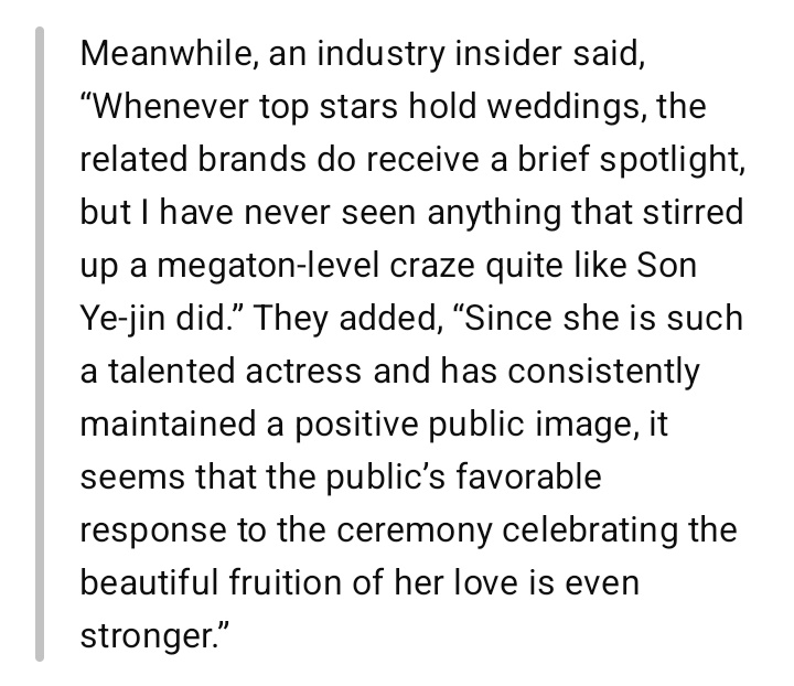 [3th April 2022]

An industry insider said, “Whenever top stars hold weddings, the related brands do receive a brief spotlight, but I have never seen anything that stirred up a megaton-level craze quite like Son Yejin did..."

#BinJin 🤍
m.entertain.naver.com/ranking/articl…