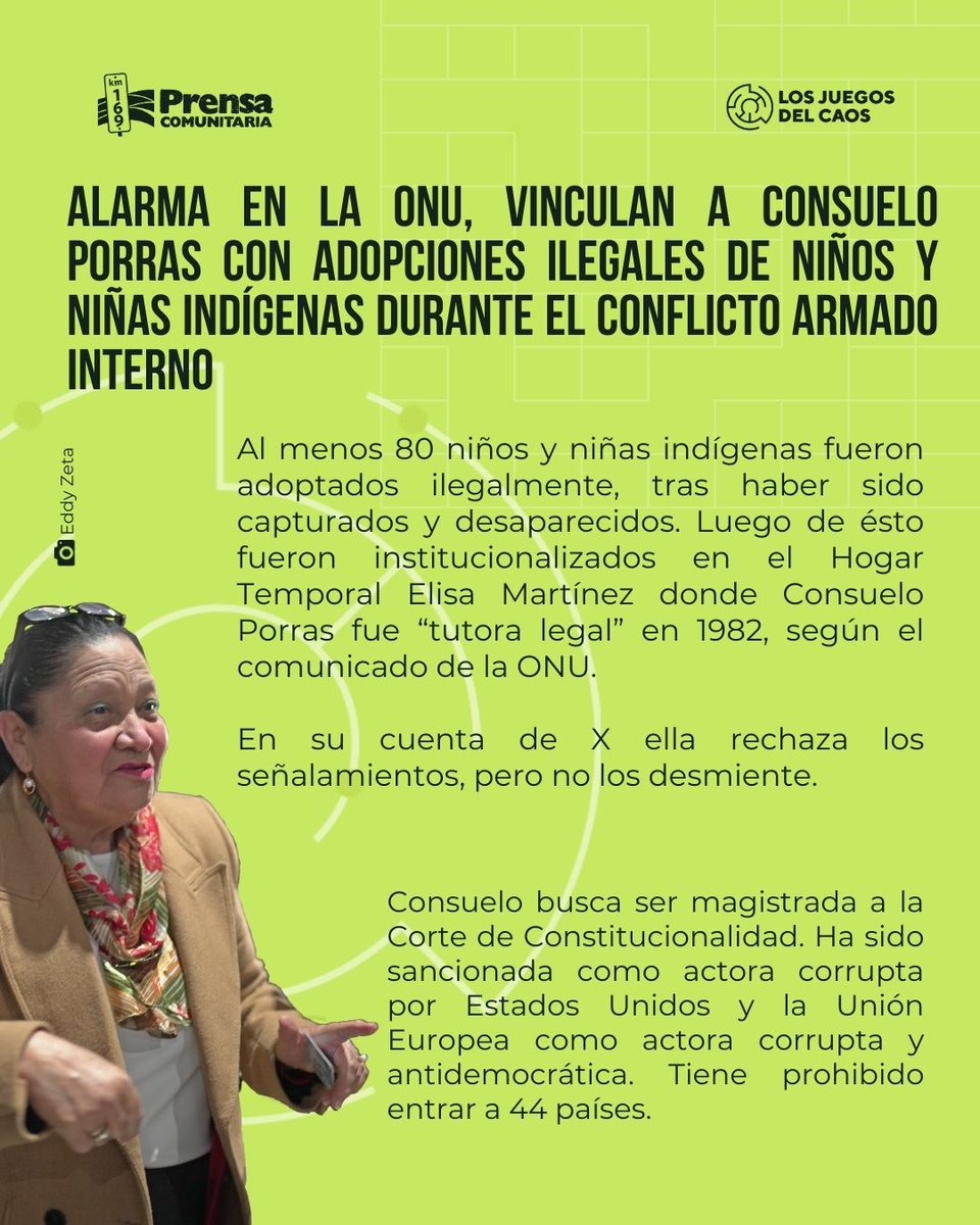 PrensaComunitar's tweet photo. Alarma en la @ONU_es, Consuelo Porras es vinculada con adopciones ilegales de niños y niñas indígenas que fueron desaparecidos durante la guerra. La noticia sale a la luz en el contexto en el que Porras busca ser electa como magistrada a la Corte de Constitucionalidad.📌 https://t.co/DcFXGJDu32