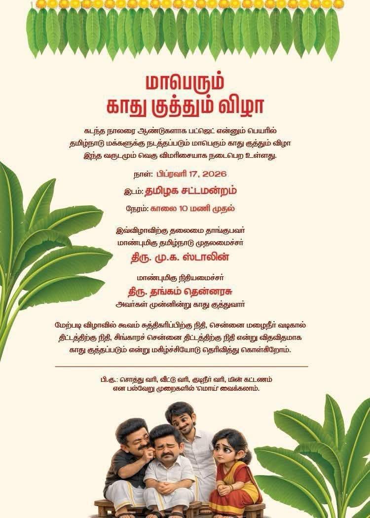 கடந்த நாலரை ஆண்டுகளாக பட்ஜெட் என்னும் பெயரில் தமிழ்நாடு மக்களுக்கு நடத்தப்படும் மாபெரும் காது குத்தும் விழா இந்த வருடமும் வெகு விமரிசையாக நடைபெற உள்ளது.
நாள்: பிப்ரவரி 17, 2026
இடம்: தமிழக சட்டமன்றம்
நேரம்: காலை 10 மணி முதல்
இவ்விழாவிற்கு தலைமை தாங்குபவர் மாண்புமிகு தமிழ்நாடு