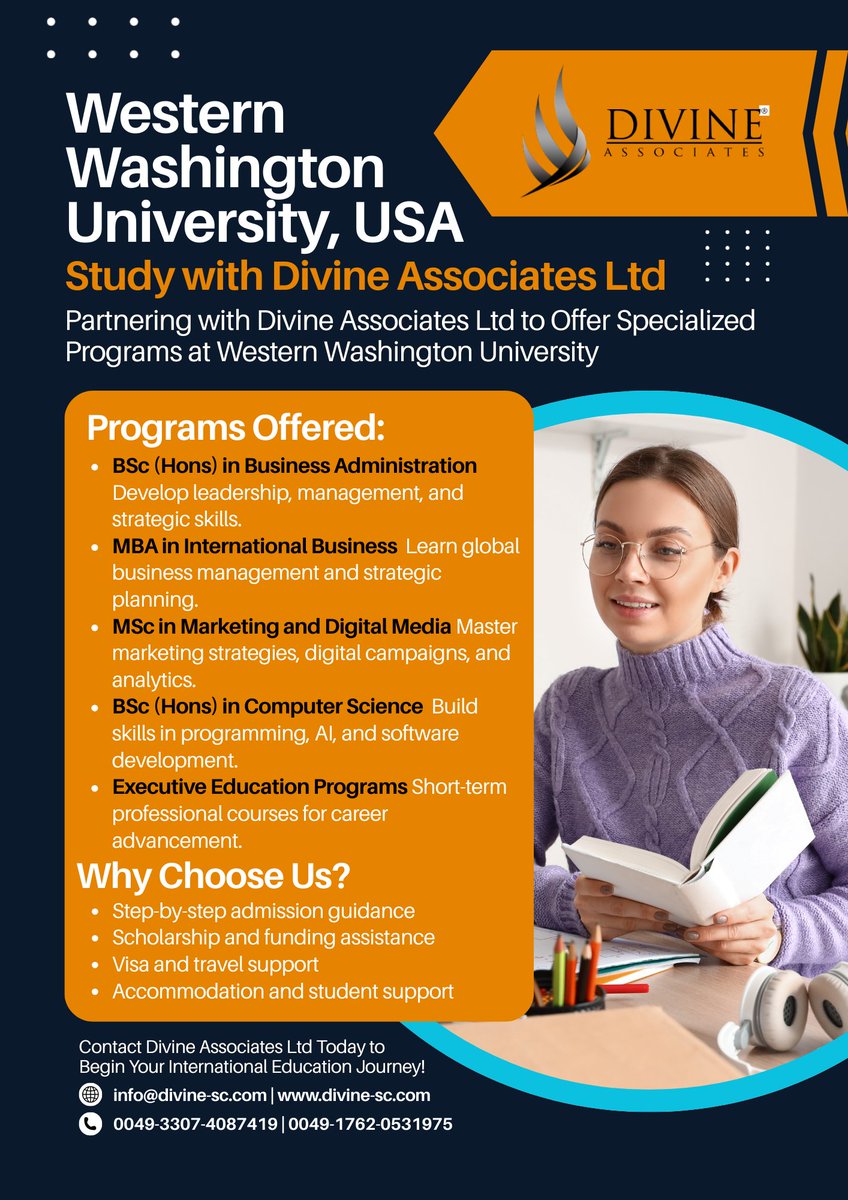 DivineAssociat's tweet image. Explore programs at Western Washington University with Divine Associates Ltd as your trusted partner for admissions, scholarships, and student support.
#DivineAssociatesLtd #StudyAbroad #WesternWashingtonUniversity #InternationalEducation #GlobalCareers #Scholarship