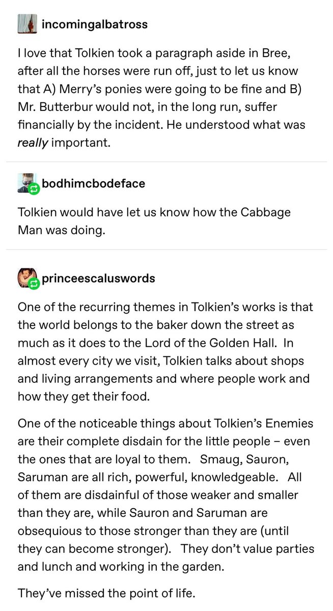 Ok, now THIS is a Tolkien take I can get behind!

But paying attention to the little guy isn't unique to Tolkien. Older fantasy does it a lot, while it's missing from more recent fantasy.
I think this is mostly due to the advice to cut out everything that doesn't serve the plot.
