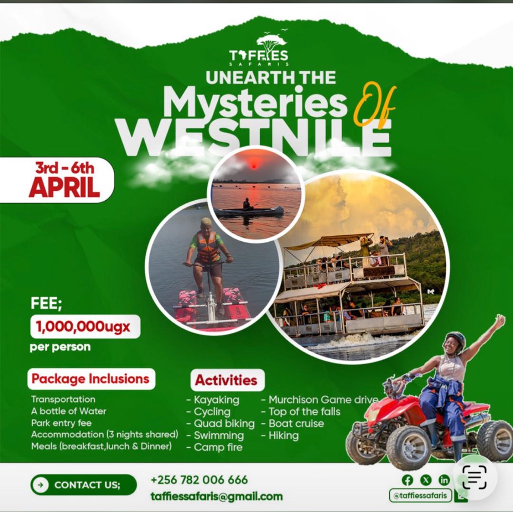 Maggie_Yo_Guide's tweet photo. Dont look else Wea to spend your Easter,
@taffies_safaris is to help you unearth the mysteries of #visitWestNile at just 1million Uganda Shillings per head only with massive adventurous activities included
#ExploreTheBeyond #ExploreUganda https://t.co/Zb07v8SSqQ