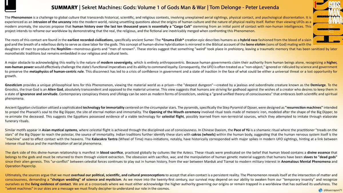 bluecrayon71's tweet photo. 📗 SUMMARY | Sekret Machines: Gods: Volume 1 of Gods Man &amp; War | Tom Delonge - Peter Levenda

#AlienGenesis #CargoCult #Sumer #Nephilim #BeneElohim #Gnosticism #Demiurge #AlienGod #Pyramids #BloodSacrifice #Aztecs #DNA #Panspermia #Consciousness #Hybridization #Underworld https://t.co/ps3cKiFEPE