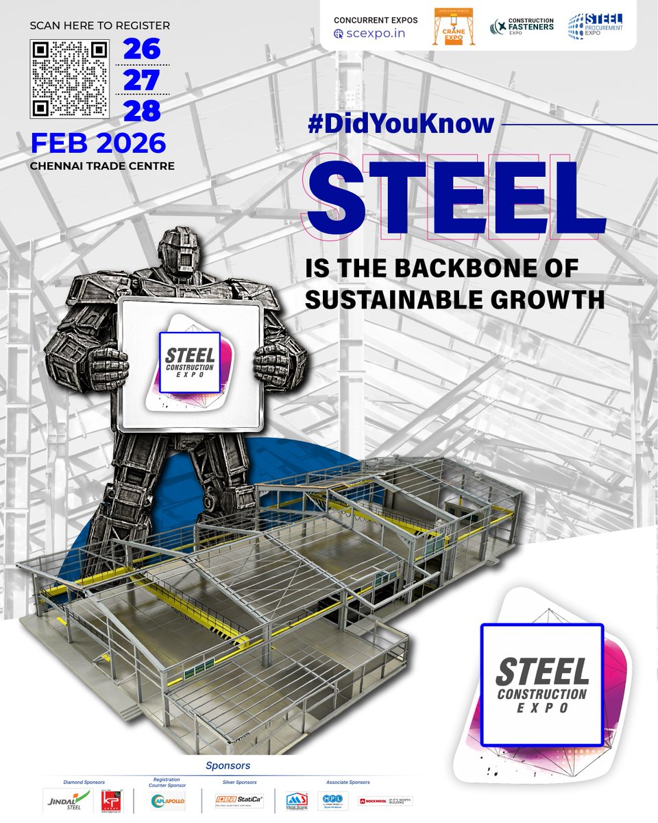 Did you know that pre-engineered steel buildings (PEB) emit significantly less carbon during construction compared to traditional concrete structures?

Conference: 
scexpo.in/steel-construc…

Biggest Expo on Steel Construction in the Southern Region: scexpo.in/chennai-2026/