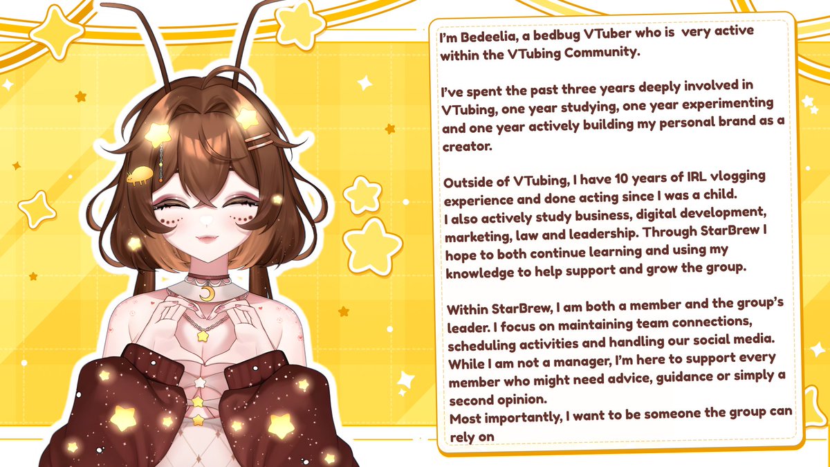 TeamStarbrew's tweet image. Meet one of StarBrew's Founders ✨

@BedeeliaBoueti - Who is building this space not just as a founder, but as a future member growing alongside everyone else 🪳

#IndieVTuber | #VtuberGroup