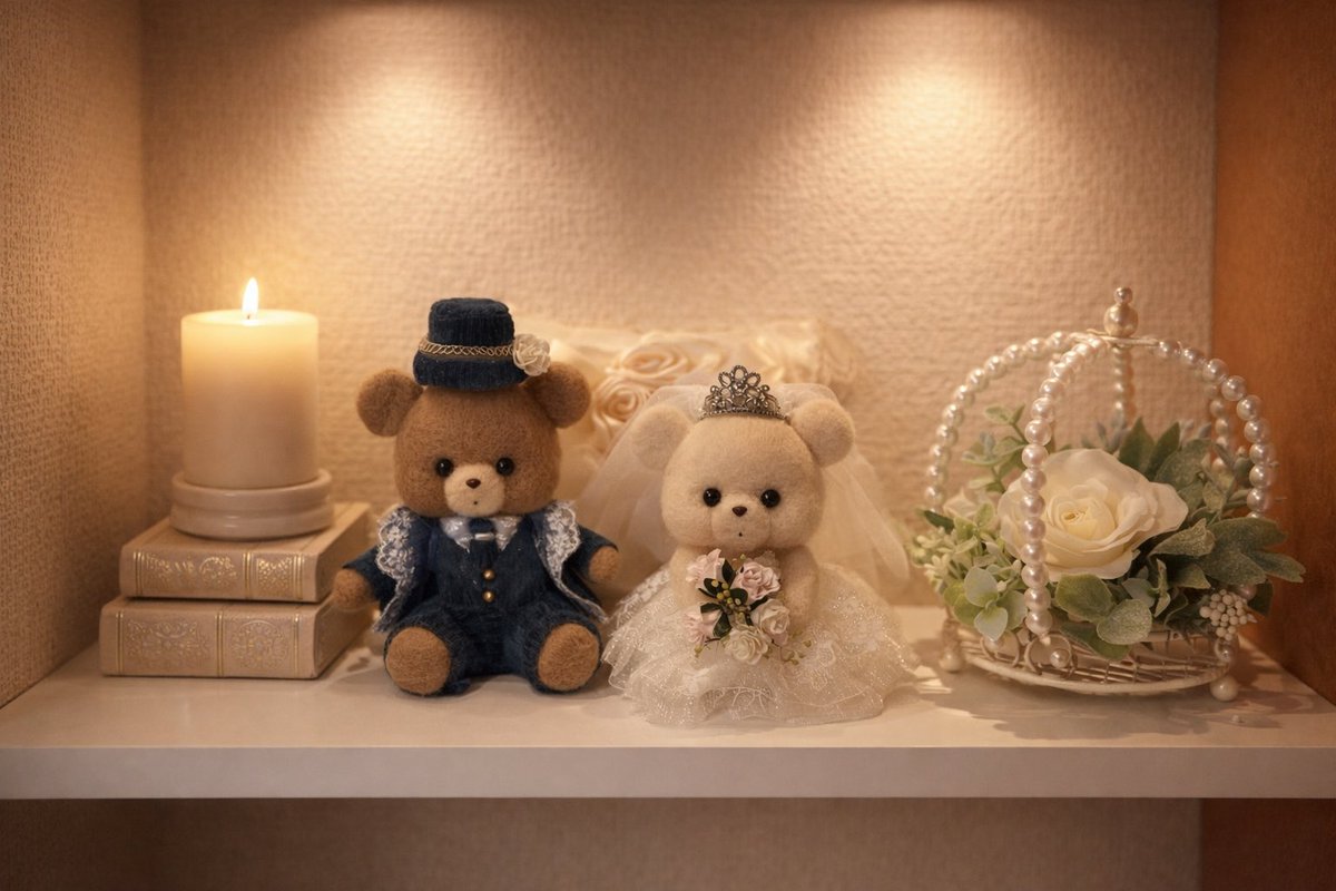 4月が結婚記念日なのでウェディングベアをつくりました♡隣の王冠の白