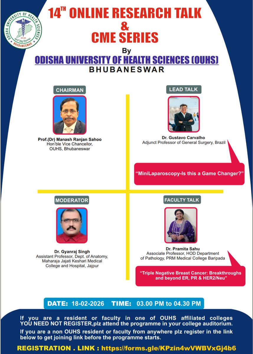 OUHS_BBSR's tweet photo. This is the 14th online research talk &amp; cme series by Odisha University of Health Sciences coming up on 18th of this month. 
 REGISTRATION. LINK:

 https://t.co/mRzXYVUJYn https://t.co/9e5xqTICNg