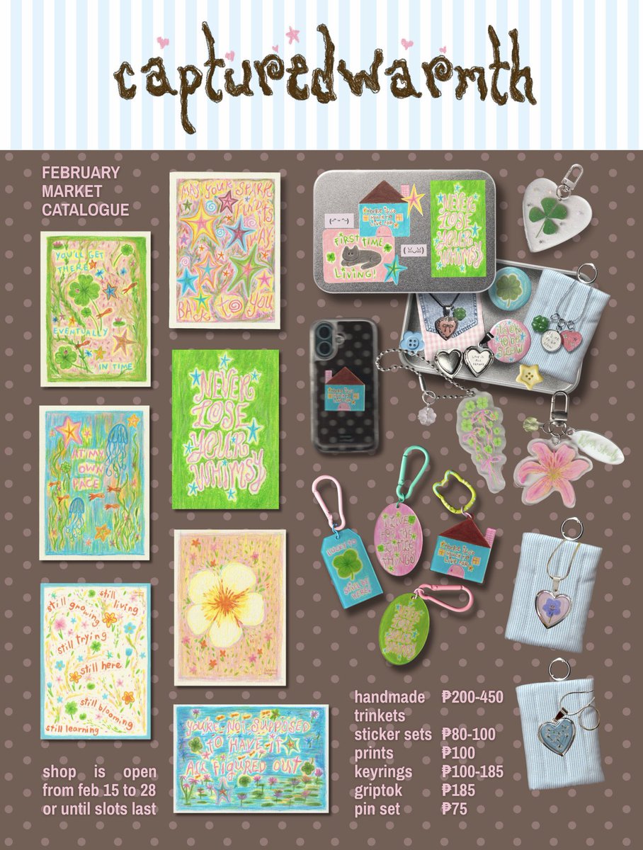 capturedwarmth's tweet image. 𝙵𝙴𝙱𝚁𝚄𝙰𝚁𝚈 𝙼𝙰𝚁𝙺𝙴𝚃 🥣
&amp;lt; catalogue &amp;gt;

02.15 – 02.28
𝘰𝘳 𝘶𝘯𝘵𝘪𝘭 𝘴𝘭𝘰𝘵𝘴 𝘭𝘢𝘴𝘵

shop: tinyurl.com/capturedwarmth…