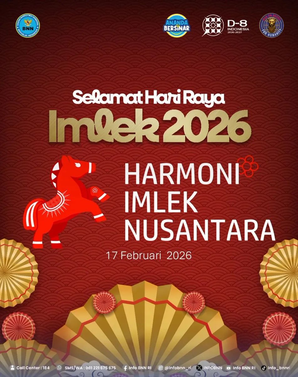 BNNKGORUT's tweet photo. Selamat Hari Raya Imlek 2026 🧧✨

Semoga Tahun Baru membawa keberuntungan, kesehatan, kedamaian, dan kebahagiaan bagi seluruh masyarakat Indonesia.

Mari kita jaga harmoni dalam keberagaman, mempererat persaudaraan, dan bersama mewujudkan Nusantara yang bersinar. https://t.co/aNyTPHzZni