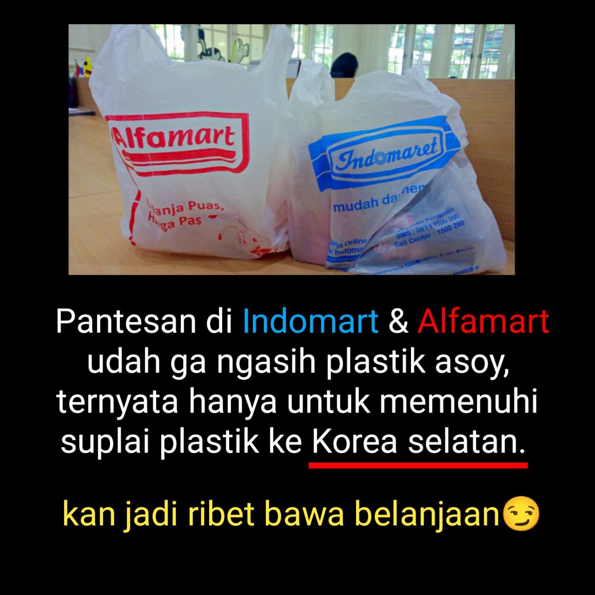 resolu34's tweet photo. Pantesan di Indomart &amp; Alfamart
udah ga ngasih plastik asoy, ternyata hanya untuk memenuhi suplai plastik ke Korea selatan.

kan jadi ribet bawa belanjaan
#Knetz #SEAblings https://t.co/GU1rDiUvmg