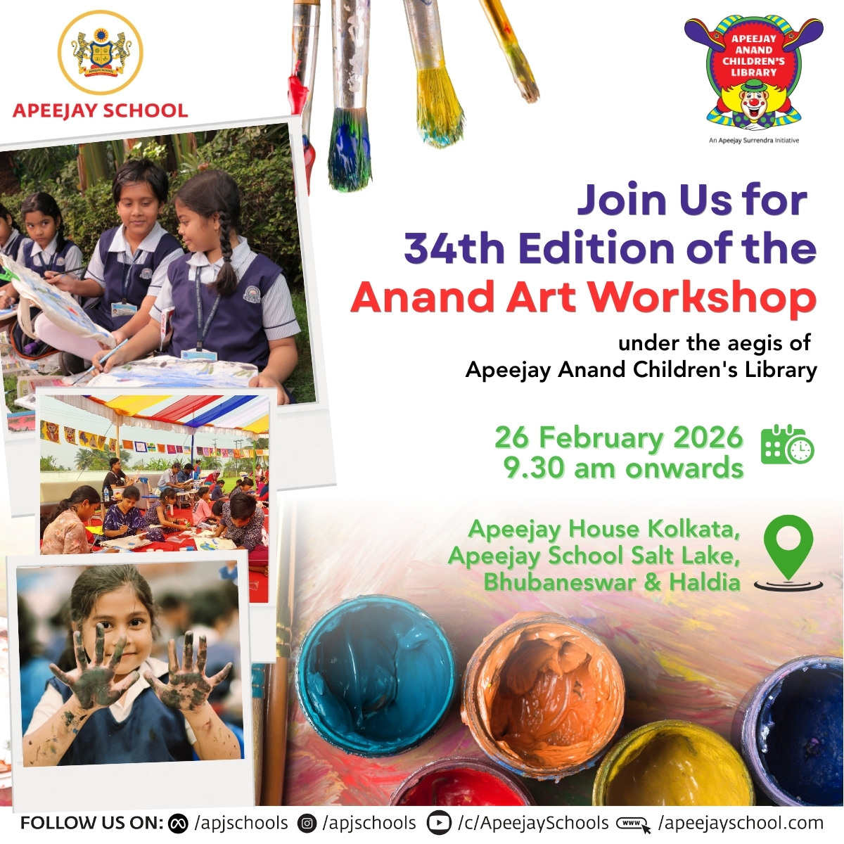 34 years of the Anand Art Workshop by Apeejay Anand Children's Library.
26 Feb 2026 | 9:30 a.m. onwards

Apeejay House, Kolkata | Salt Lake | Bhubaneswar | Haldia.

Join us as young minds celebrate creativity and the power of art.

#artworkshop #apeejay