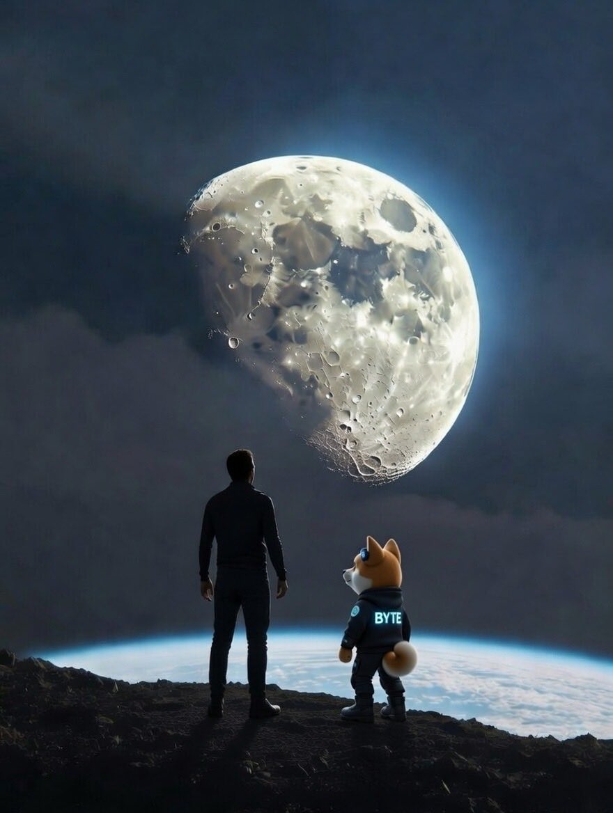 <a href="/AltcoinDaily/">Altcoin Daily</a> Beneath a fractured moon hanging heavy over the void, a man and his BYTE companion stand silent on the edge of everything. Craters glow like ancient code, Earth a fragile blue marble below. No rush, no noise—just the quiet promise of what's next. One loyal tail wag against