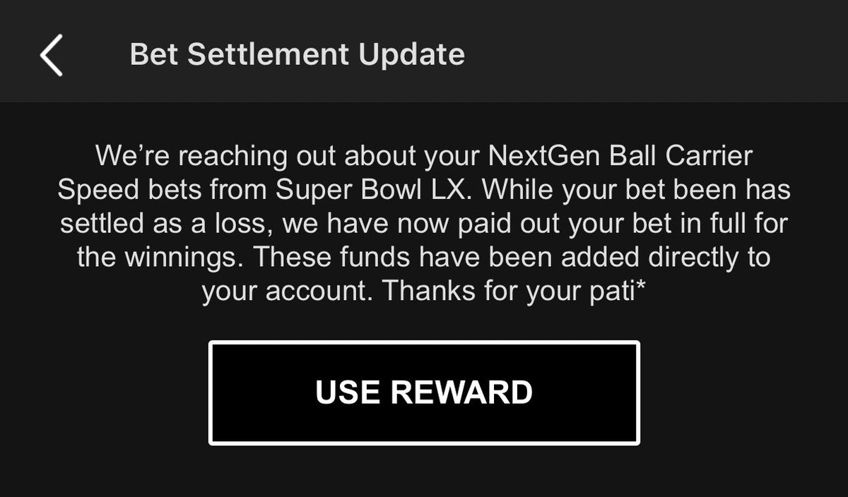 krv328's tweet photo. @Carpendaddy @DK_Assist Did you get this same message? It was settled as a loss today, 8 days after the Super Bowl but paid out as a win. Never seen this before. https://t.co/9505RpkRmw