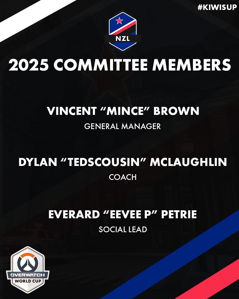 We'll answer the call. Always! 🫡

Introducing your Overwatch World Cup 2025 Committee for Team New Zealand:

🧠: <a href="/MincePMA/">Mince</a> 
📋: <a href="/TedsCousinOW/">Dylan McLaughlin</a> 
📢: <a href="/EeveeP/">Bomfunk EeveeP</a> 

Watch this space 👀

#KIWISUP