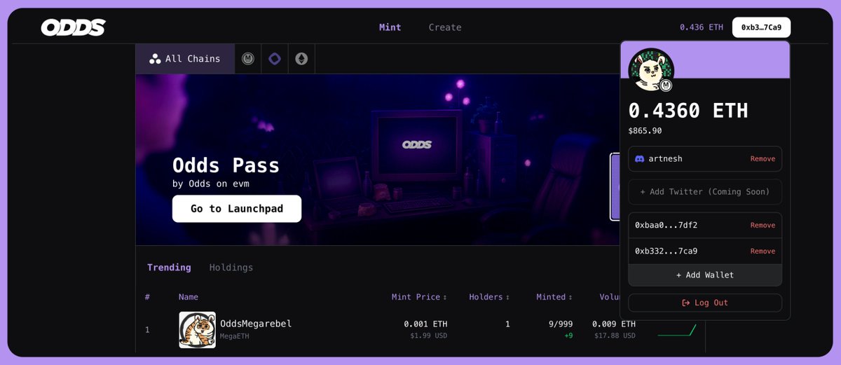 I just added a new pop-up Profile feature to <a href="/oddslaunchpad/">Odds 🪄</a>.

It speeds up holder verification, letting holders easily verify their NFTs without clicking the verify button twice. And holder roles are assigned automatically.

All you need to do:
1. Go to oddslaunchpad.com
2.