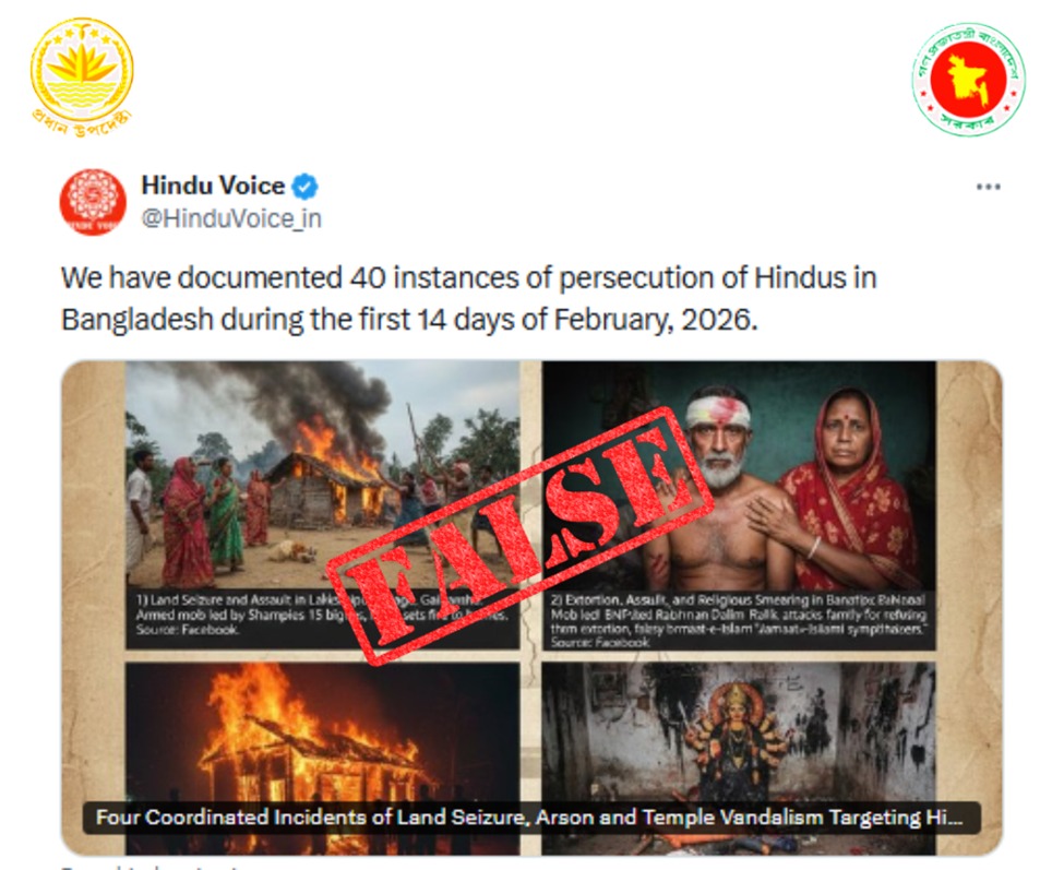 presswingfacts's tweet photo. Recently, an X account named “Hindu Voice” claimed that 40 incidents of Hindu persecution took place within the first 14 days of February 2026.
See: https://t.co/CWcyySbJPn
However, verification shows that the specific incidents highlighted were misrepresented as religiously motivated attacks.
In one claim, it was alleged that on February 13, 2026, a Hindu individual named Bibhash Rishi was attacked in Banaripara, Barisal.
Investigation found that while an incident of vandalism and assault did occur—reportedly led by local Jubo Dal leader Maksudur Rahman Dalim—the primary motive behind the attack was extortion, not religious hatred.  
In another incident cited in Lakshmipur’s Ramganj Upazila (Ward No. 5 of Chandipur Union), a fire was portrayed as a targeted communal attack.
However, according to the Lakshmipur Fire Service and Civil Defence, the blaze started late at night and partially burned furniture and household belongings. An initial inspection determined that the fire originated from an electrical short circuit in the home’s wiring. Local police who visited the scene confirmed that no evidence of flammable substances, such as petrol or kerosene, was found.
Therefore, the claim that these incidents were part of systematic religious persecution is misleading.