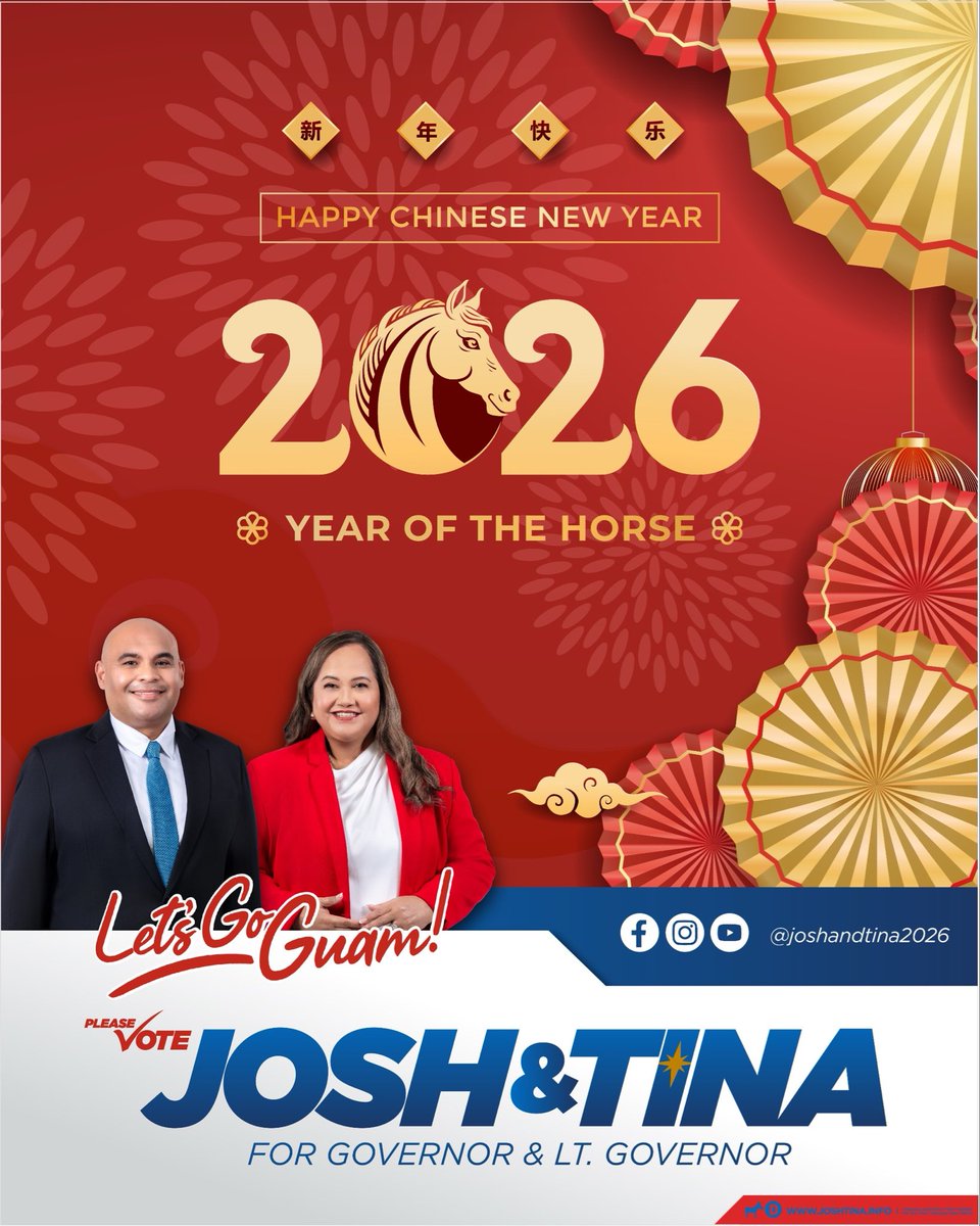 JoshandTina2026's tweet photo. 🇨🇳 Happy Chinese New Year! May the Year of the Horse bring courage, resilience, and growth for our families and communities across Guam. Let’s charge forward together and make Guam stronger than ever. Xīn nián kuài lè! 🧧❤️🐎

#guam #joshandtina2026 #letsgoguam https://t.co/JdaTnJGWeP