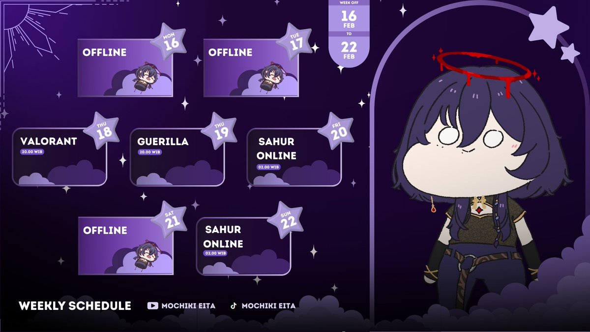 eita_wee's tweet photo. 🔮WEEKLY SCHEDULE✨
(16 FEB - 22 FEB 2026)
🔮HASHTAG✨
General : #mochikieita
LIVE : #eitalive
Art : #eitart
NSFW : #yabei
Meme : #momeme
Clips : #ei_clips
Fan name : #mochilock https://t.co/jYStaiVDZR