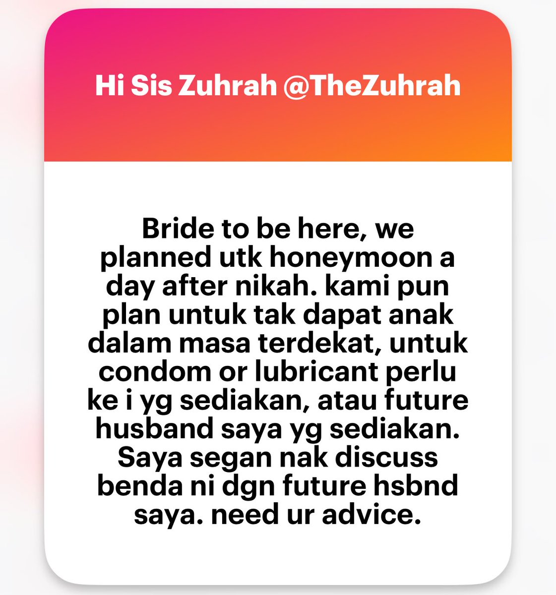 zuhrahx's tweet photo. Soalan dari #Bride2be
Siapa kena beli kondom & lube?
#Askmen #AskLadies https://t.co/DQjlBgPLXs