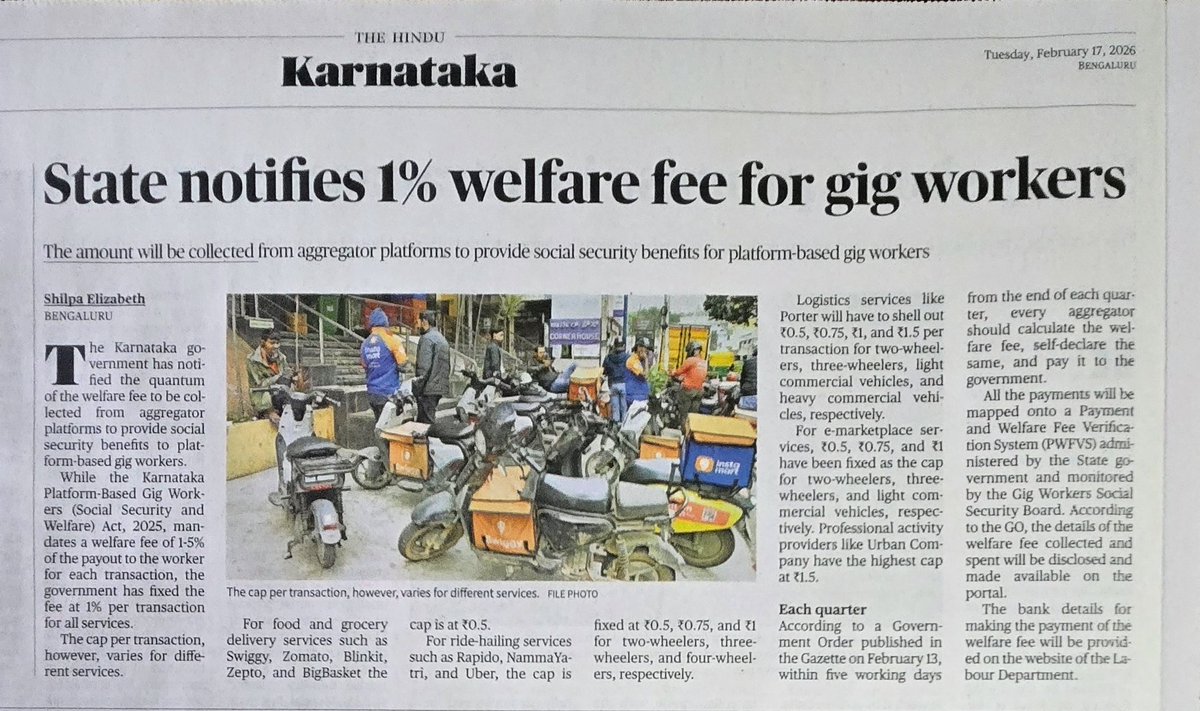 Karnataka is the first State in the country to have an act and rules and  welfare fee Systems to provide much needed social security to gig &amp; Platform workers in Karnataka 
<a href="/CMofKarnataka/">CM of Karnataka</a>