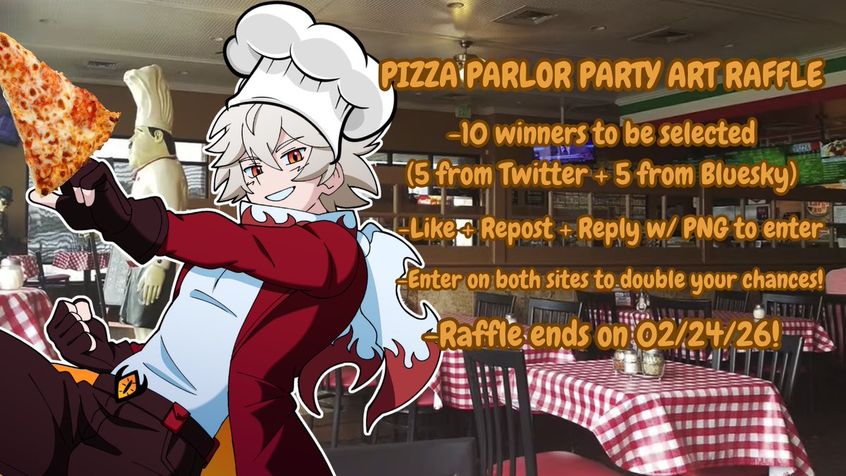 🍕 ART RAFFLE 🍕

We need more hands on deck at the pizza parlor! Think you can make some pies in our latest art raffle!?

To enter:
- Like + Repost
- Reply w/ your PNG

10 total winners to be chosen, check the image to see how you can double your chances! Raffle ends on 2/24/26!