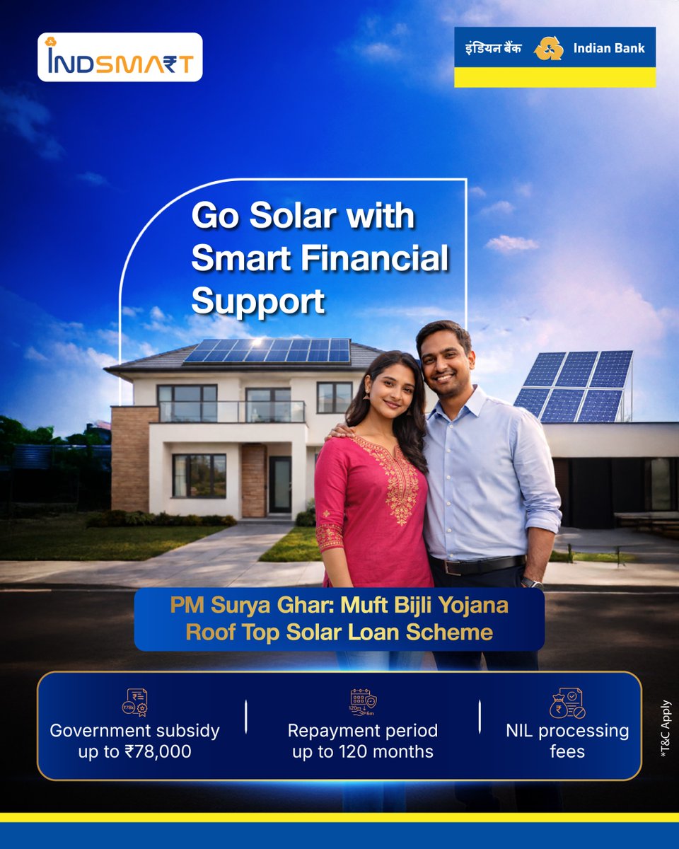 MyIndianBank's tweet photo. Bright homes deserve brighter savings. Go solar with structured financing and subsidy support, because sustainable living should be simple and achievable. Apply through the Jan Samarth Portal and take a step toward clean energy and long-term savings.
Know more - https://t.co/GOkPLDlVbr

#IndianBank #SolarPower #PMSuryaGhar