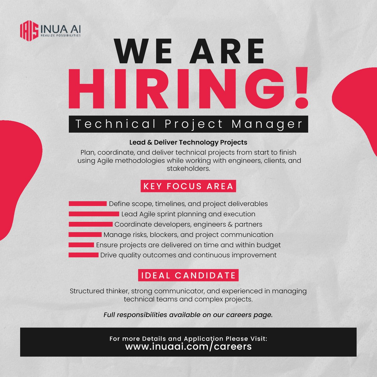 We are hiring Technical Project Managers to lead delivery and coordinate technical teams across projects. Apply via the link provided. ⬇️
🔗 inuaai.com/careers/

#PMJobs #TechProjects #Hiring #RealizePossibilities #INUAAI