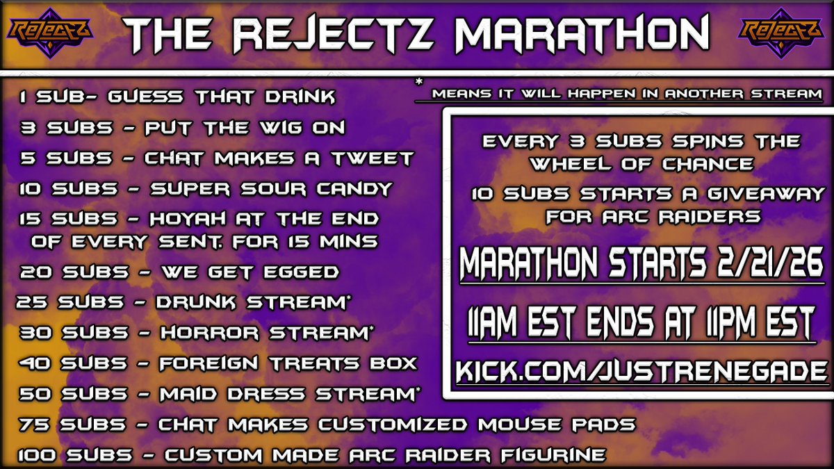 JustRenegade1's tweet photo. Day 7 of reminding everyone that on February 21st The RejectZ Team is doing a stream marathon starting at 11AM! Menu Below! #RejectZ Only on @kick

@ARCRaidersGame 

https://t.co/IBs1ECHdkd

@kickcommunity https://t.co/fO8ziOkkXh