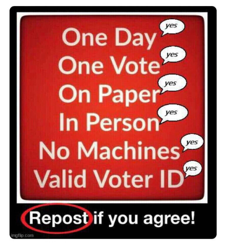 ONE DAY—ONE VOTE—ON PAPER—IN PERSON
AND VALID VOTER ID 🇺🇸♥️  Right?