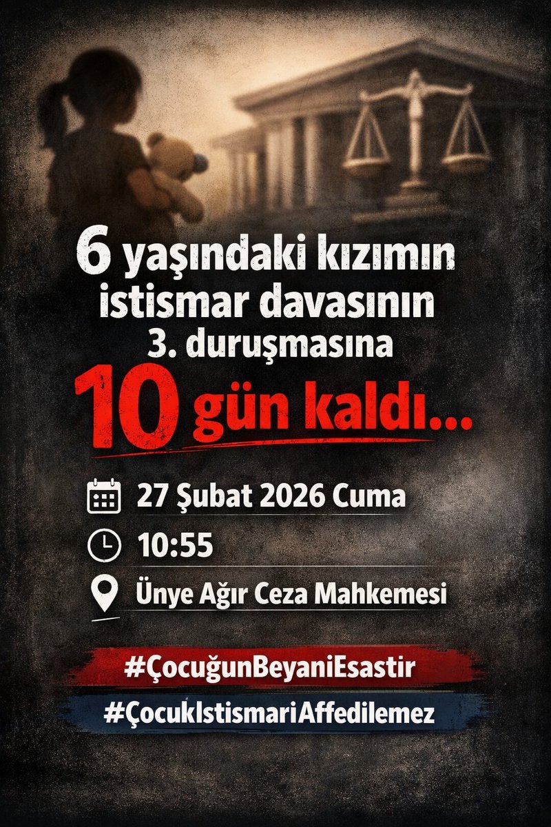 6 yaşındaki kızımın, öz babasına karşı açılan istismar davasının 3. duruşmasına 10 gün kaldı…

🗓 27 Şubat 2026 Cuma
⏰ 10.55
📍 Ünye Ağır Ceza Mahkemesi

20 aydır bir anne olarak adalet arıyorum.

Bir çocuğun sesi duyulsun, sessizlik suç olmasın diye mücadele ediyorum.