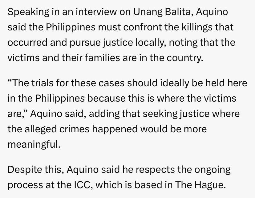 <a href="/gmanews/">GMA Integrated News</a> Senator Bam said (which GMA deliberately removed the word from their headline), "IDEALLY", EJK cases should be tried in PH courts.

Here is the full quote: