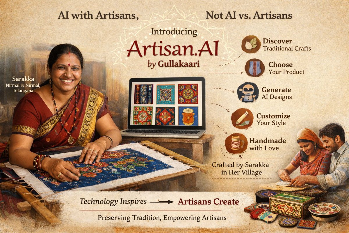 gullakaari's tweet photo. “Will AI replace us?”

We met Sarakka from Nirmal district. She doesn’t fear AI. She fears being forgotten.

So we built https://t.co/XC5UAbWLAz —not AI vs artisans, but AI with artisans.

Discover→Generate→Customize→Handcrafted by artisans

AI is smart. Artisans are soulful. https://t.co/RHuV3aXg7v