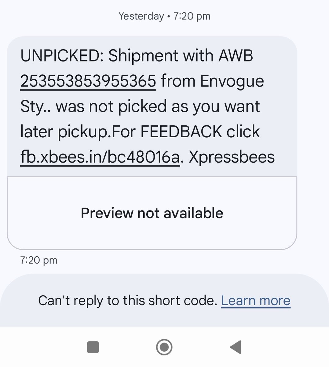 Warriorgirl910's tweet photo. @XpressBees_IN I am not able to reach out to you. My return order was to be picked up on 14th &amp; no one came to pick it up &amp; I got a message saying I wasn't available &amp; it was rescheduled to 16th, no one came to pick it up on 16th too &amp; blamed it on me saying I want late pickup https://t.co/kKhvwWJVrt