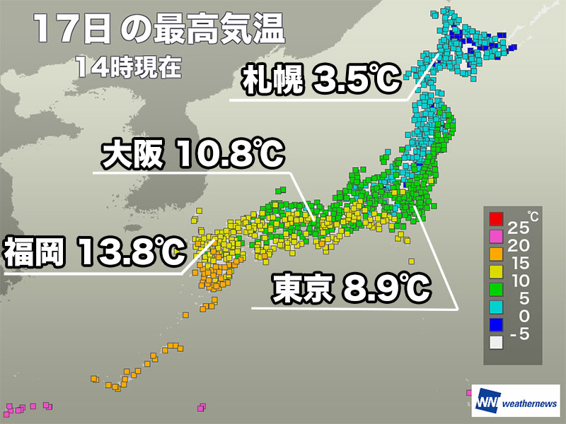 全国的に寒さ戻る＞ 今日17日(火)は上空の寒気が南下し、関東から九州
