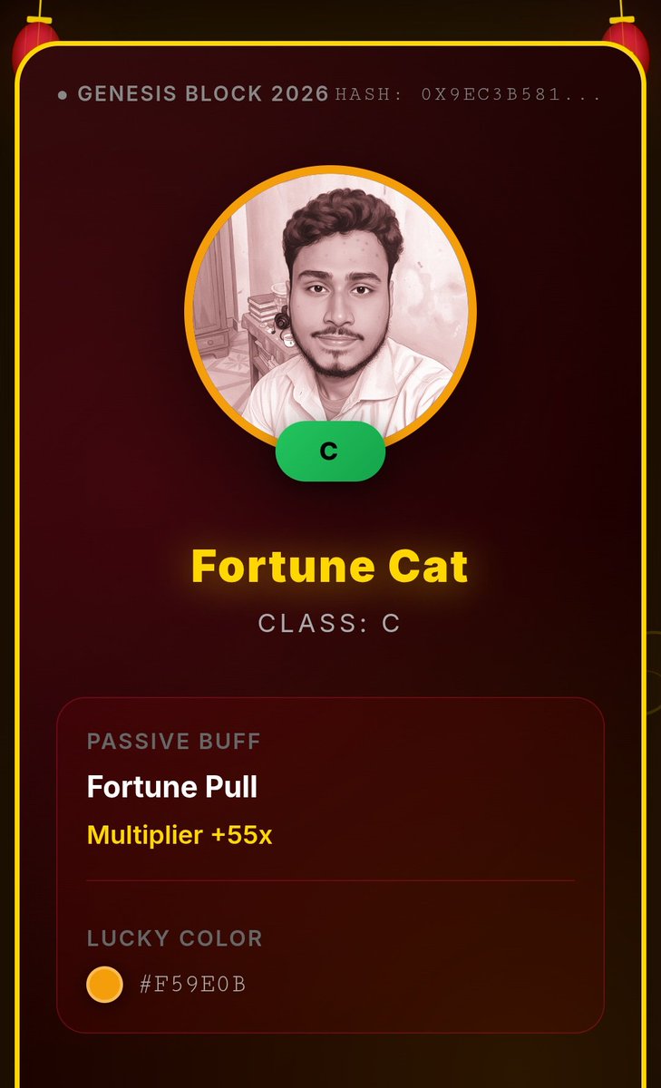 mrasrix's tweet image. Testing my luck with Perle of Fortune: Year of the Horse 🧧

Just minted my Perle Identity: Fortune Cat (C)

Passive Buff: Fortune Pull (+55x) 💰

Generate your own unique Perle card + claim a limited red packet cover 👇 perleoffortune.xyz/share/0x9ec3b5…