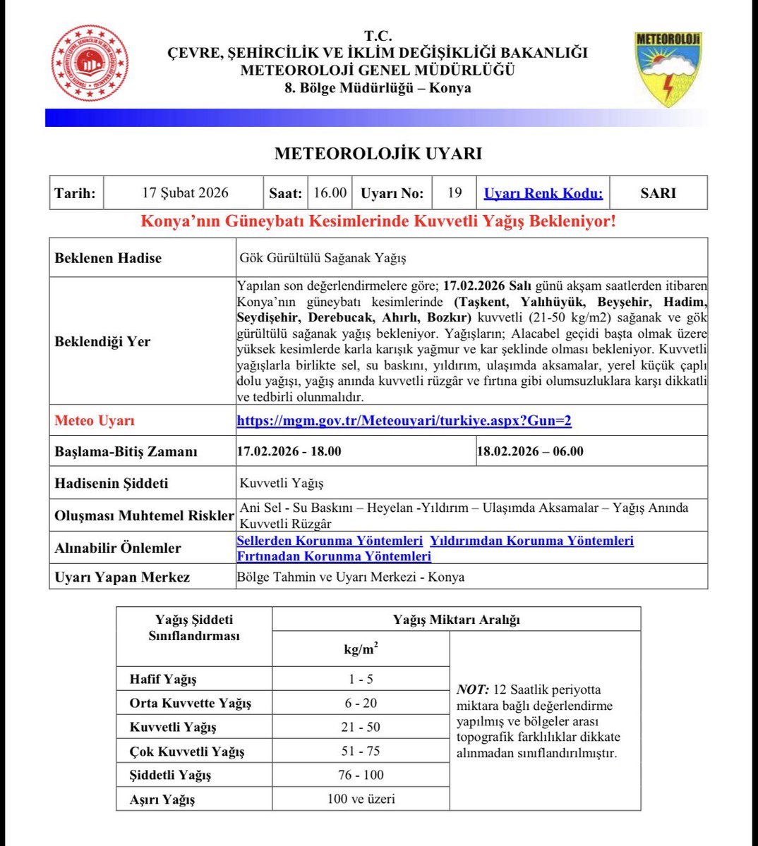 Meteorolojik Uyarı ⚠️

Konya'nın Güneybatı Kesimlerinde Kuvvetli Yağış Bekleniyor❗️

📍Ani Sel 
📍Su Baskını
📍Heyelan
📍Yıldırım
📍Ulaşımda Aksamalar
📍Yağış Anında Kuvvetli Rüzgâr

gibi oluşması muhtemel risklere karşı vatandaşlarımızın tedbirli ve dikkatli olması önem arz
