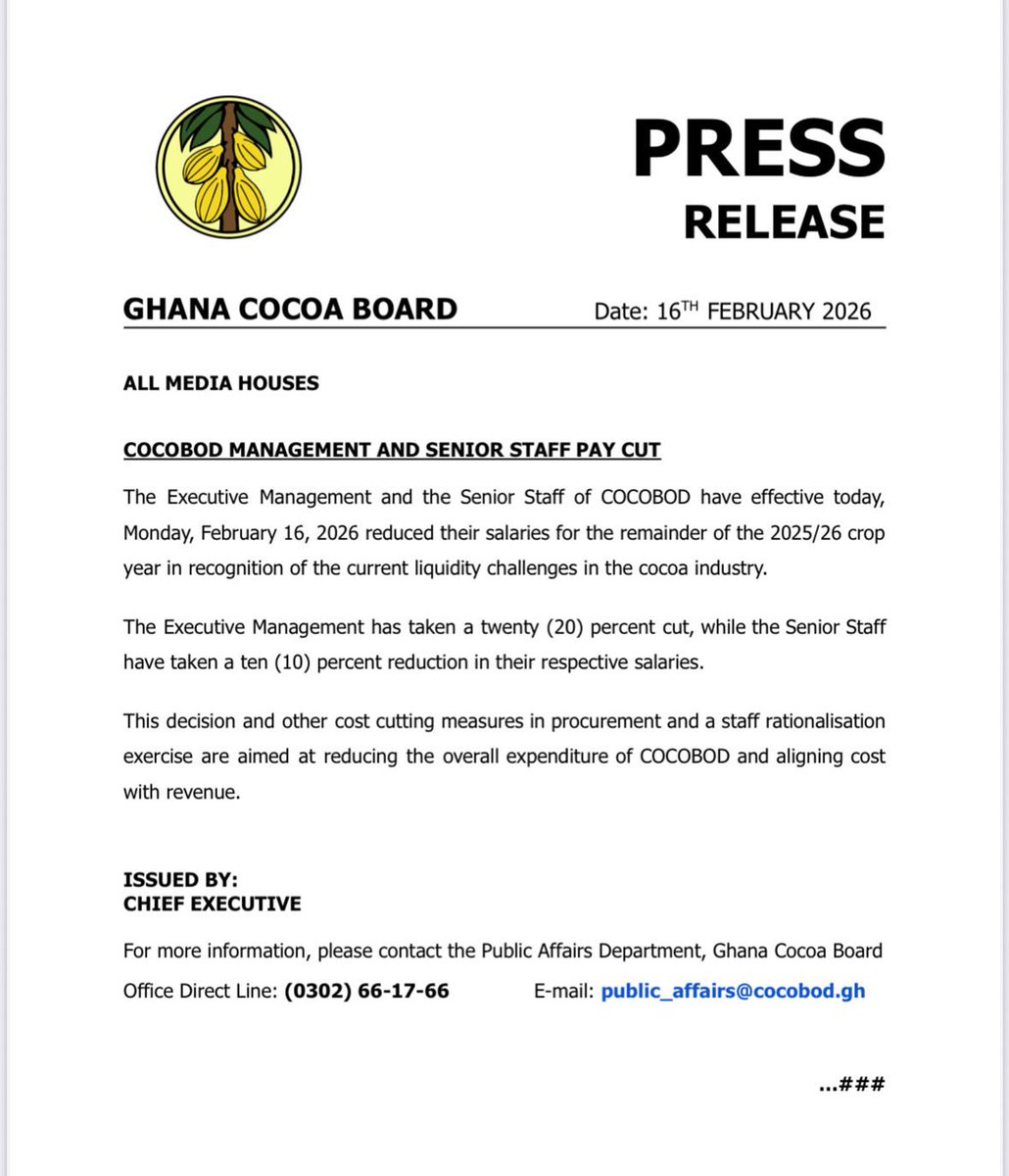 COCOBOD Executives, Senior Staff Take Pay Cuts Amid Liquidity Strain.