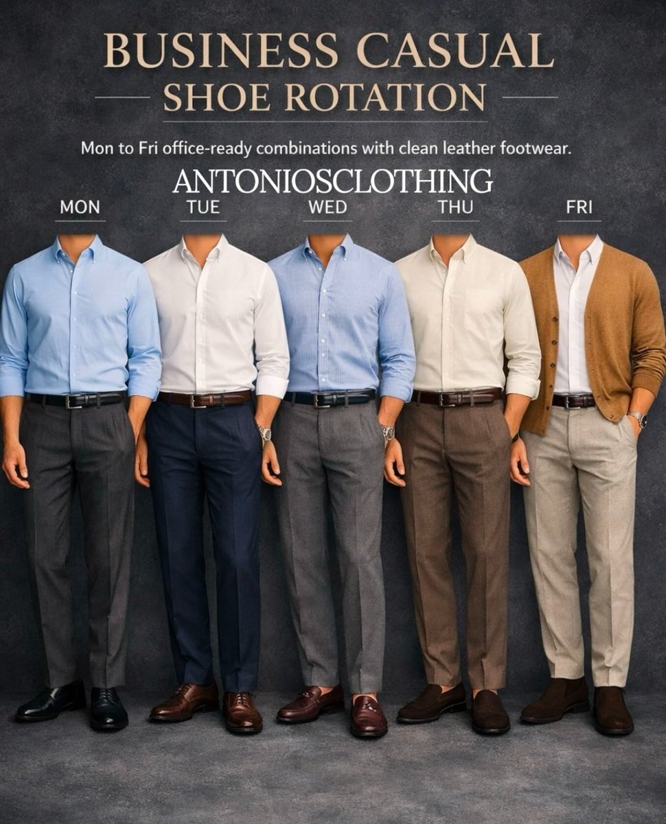 ClassyGntleman's tweet photo. A practical Monday to Friday formula for staying sharp at work with clean leather footwear and tailored separates.

Mon: Crisp start with a polished, minimal finish

Tue: Classic office balance with structured tailoring

Wed: Midweek refinement with a sleek smart-casual edge

Thu: Softer business casual with relaxed polish

Fri: Elevated casual close to the week with layered texture.