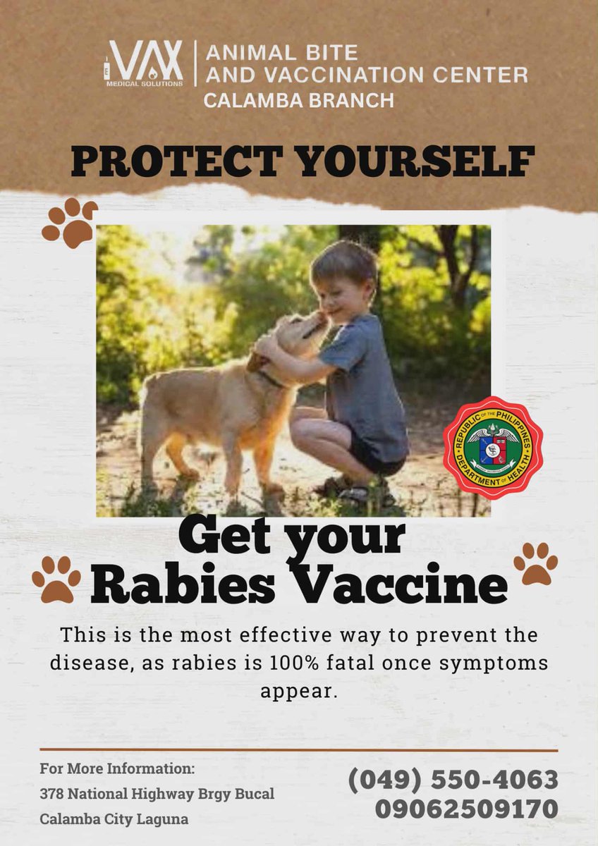 ivaxcalamba's tweet photo. Rabies is 100% preventable—if you act fast. 🚨
Once symptoms appear, there is no cure. Protect yourself and your loved ones by getting immediate post-bite vaccination. Don’t take chances—early treatment saves lives. https://t.co/XnCx4OMOmz