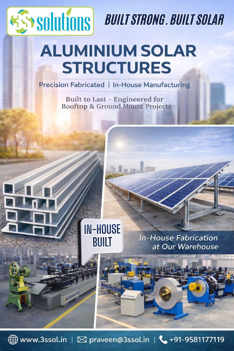 3s_Sol's tweet photo. 🔩 Built Strong. Built Solar.

At 3S Solutions, we manufacture high-quality Aluminium Solar Structures designed for strength, precision, and long-term performance

✅ Precision Fabricated
✅ In-House Manufacturing
✅ Engineered for Rooftop &amp; Ground Mount Projects
✅ Built to Last https://t.co/k86JlEysmK