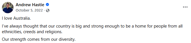 Andrew Hastie, on top of recently betraying us by voting for the most draconian free speech crackdown in the Anglosphere, is also pro multiculturalism.

This is a post from 2022. He has always harbored this rhetoric. We all had our hopes in him but all along he never was going to