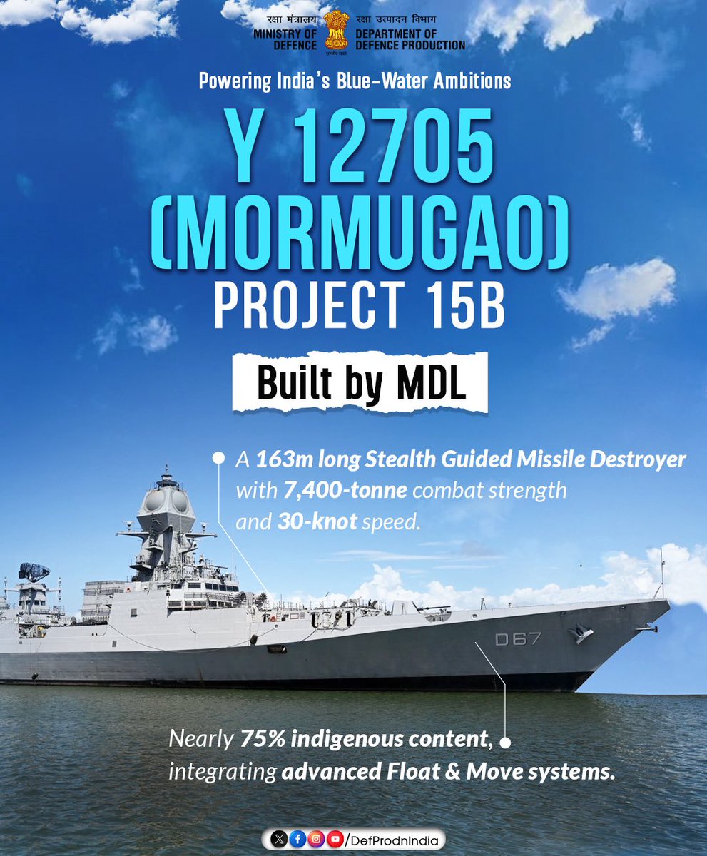 DefProdnIndia's tweet image. Reflecting India’s journey towards a self-reliant and future-ready naval power. 🇮🇳⚓

Project 15B destroyer Y 12705 (#Mormugao) represents a significant milestone in India’s indigenous #naval shipbuilding journey.

Built by @Mazagondockshipbuilders, the #warship showcases
