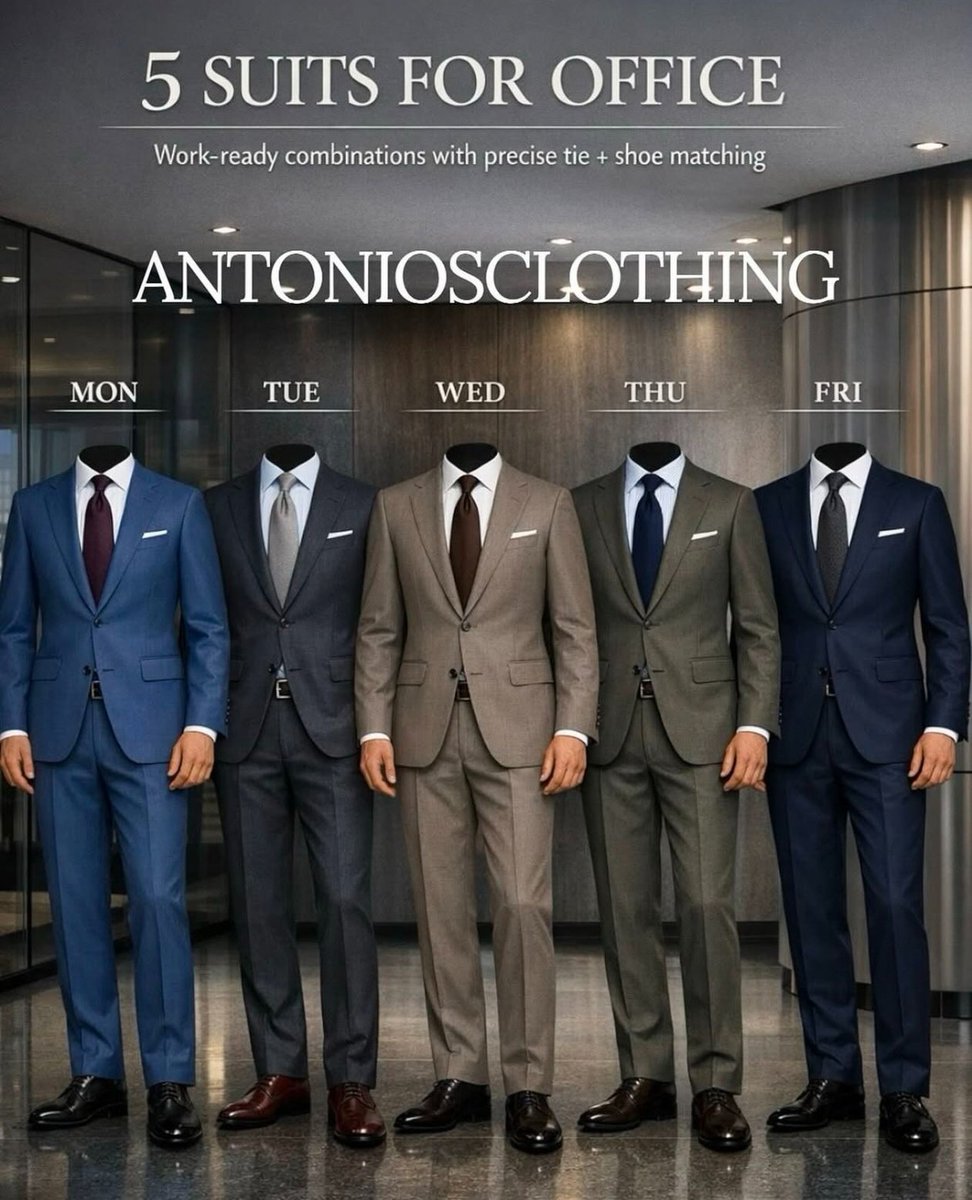 ClassyGntleman's tweet photo. 5 office suits, zero guesswork.

Save this for your weekly rotation and never miss with color balance again.

1. MON: Steel blue suit + burgundy tie + black oxfords

2.TUE: Charcoal suit + light gray tie + oxblood shoes

3. WED: Taupe suit + brown tie + dark brown shoes

4. THU: Olive gray suit + navy tie + dark brown shoes

5. FRI: Navy suit + charcoal tie + black oxfords