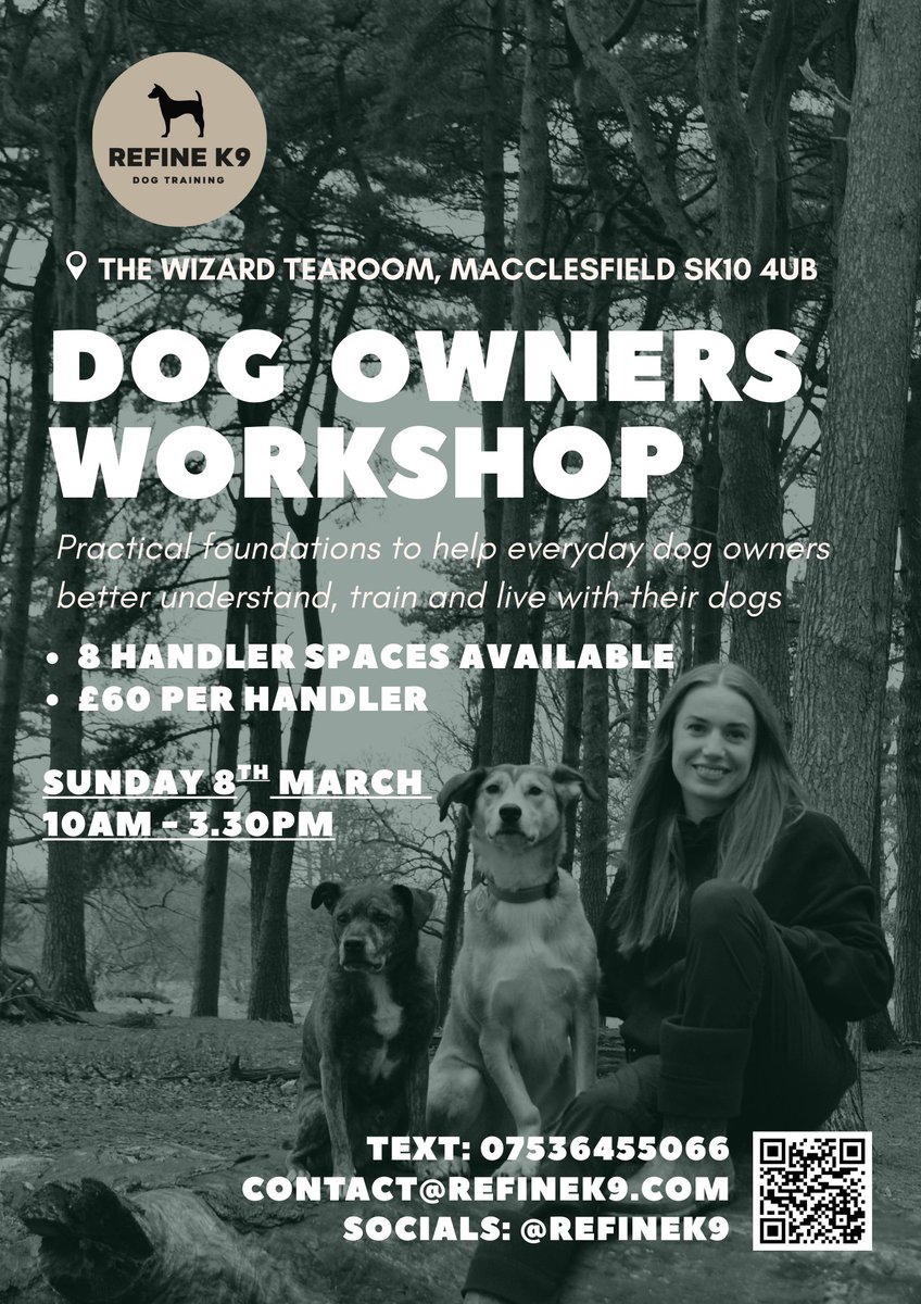 StreetHeartsBG's tweet image. Dog owners! Our trainer, Lauren of Refine K9, is hosting a Dog Owners Workshop on Sunday 8th March at The Wizard Tearoom, Nether Alderley. Learn training basics, loose-lead walking, and building a stronger bond. Contact Lauren at contact@refinek9.com!

#DogTraining #Cheshire