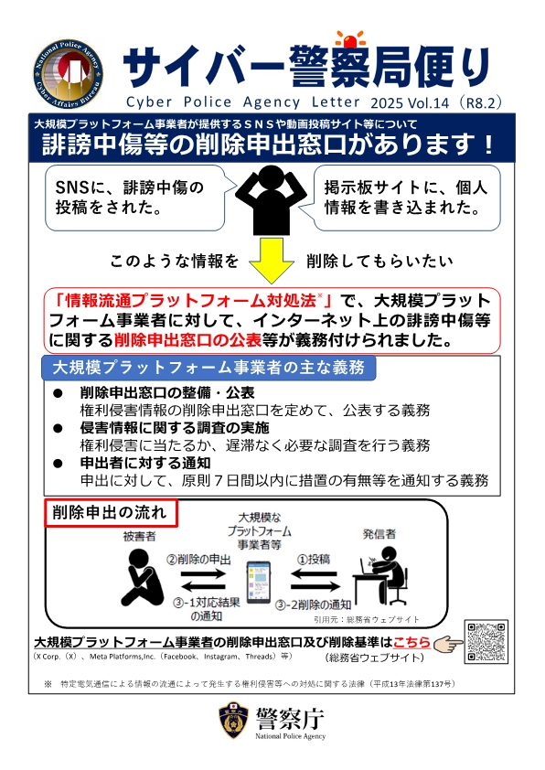 【誹謗中傷等の削除申出窓口があります】
　大規模プラットフォーム事業者は、情報流通プラットフォーム対処法に基づき、誹謗中傷等の削除申出窓口の整備・公表等を行っています。
　詳しくは、こちらの資料をご覧ください。
npa.go.jp/bureau/cyber/p…