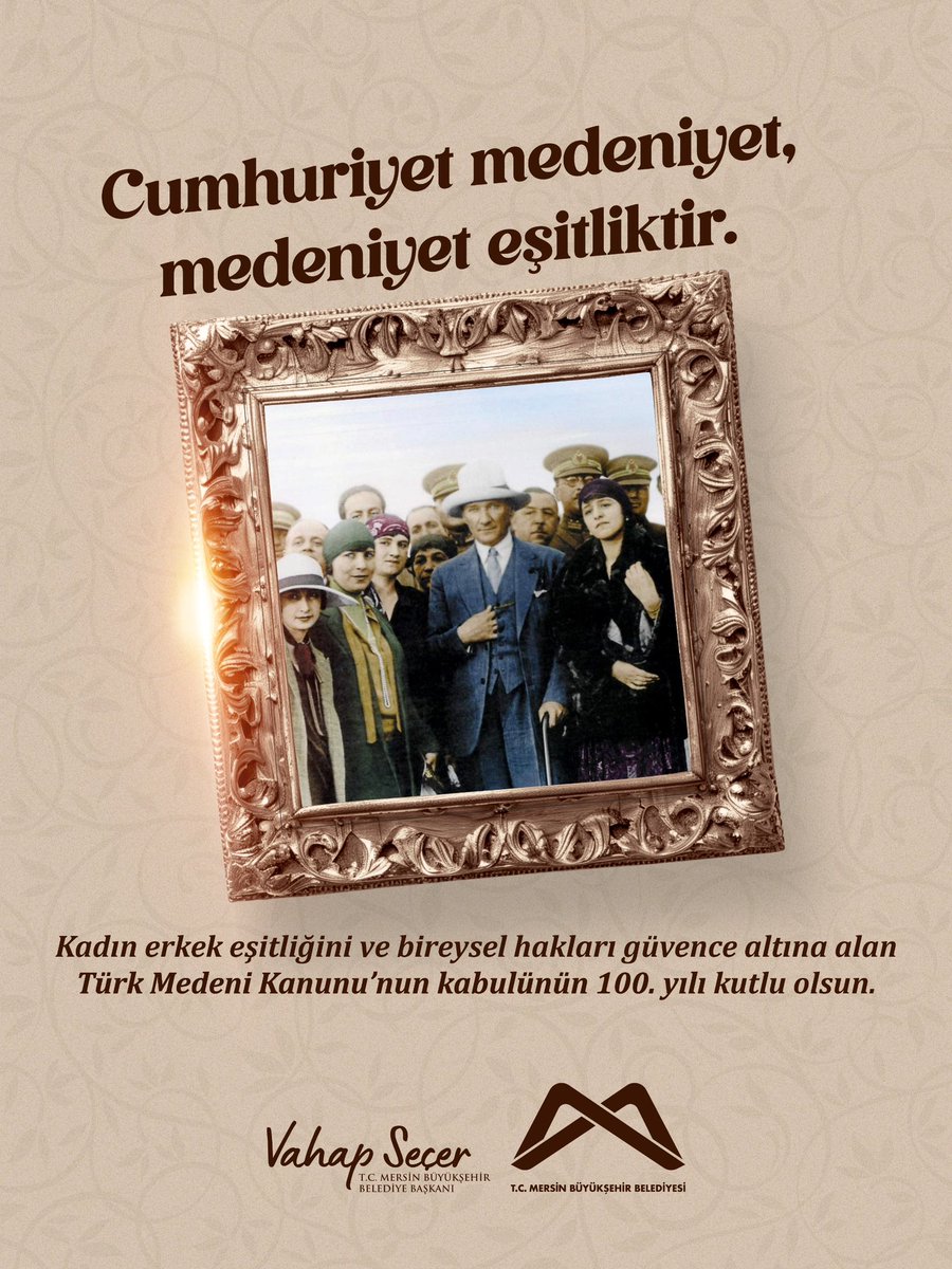 Cumhuriyet medeniyet, medeniyet eşitliktir.

Kadın-erkek eşitliğini ve bireysel hakları güvence altına alan Türk Medeni Kanunu'nun kabulünün 100. yılı kutlu olsun.